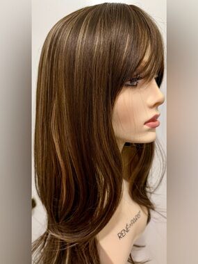 HAIR, 30” Long Wavy, Curtain Bangs, Center Part, Brown Highlighted